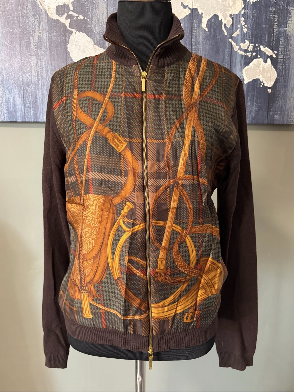 Lauren Ralph Lauren Silk Equestrian Scarf Print Zip Cardigan Sweater S